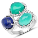 7.52 Carat Genuine Lapis, Green Onyx and White Topaz .925 Sterling Silver Ring
