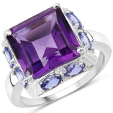 7.09 Carat Genuine Amethyst and Tanzanite .925 Sterling Silver Ring