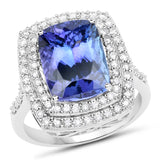 14K White Gold 6.64 Carat Genuine Tanzanite and White Diamond Ring
