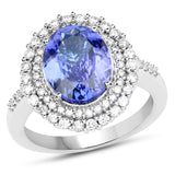 14K White Gold 3.94 Carat Genuine Tanzanite and White Diamond Ring