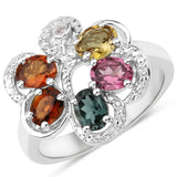 1.60 Carat Genuine Multi Tourmaline and White Zircon .925 Sterling Silver Ring