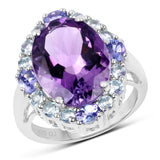 9.79 Carat Genuine Amethyst, Blue Topaz & Tanzanite .925 Sterling Silver Ring