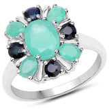 2.09 Carat Genuine Emerald and Blue Sapphire .925 Sterling Silver Ring