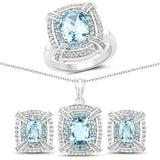 8.68 Carat Genuine Swiss Blue White Topaz .925 Silver 3 Pc Jewelry Set Ring Earring & Pendant Chain