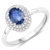 0.91 Carat Genuine Blue Sapphire and White Diamond 14K White Gold Ring