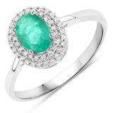 0.88 Carat Genuine Zambian Emerald and White Diamond 14K White Gold Ring