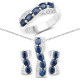 3.30 Carat Genuine Blue Sapphire White Topaz .925 Silver 3 Pc Jewelry Set Ring Earring Pendant Chain