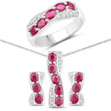 3.62 Carat Genuine Ruby & White Topaz .925 Silver 3 Piece Jewelry Set (Ring Earring & Pendant Chain)