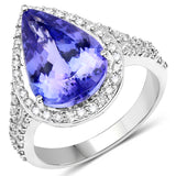 14K White Gold 6.66 Carat Genuine Tanzanite and White Diamond Ring