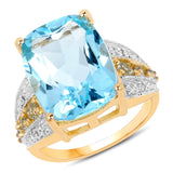 14K Yellow Gold Plated 12.42 Carat Genuine Blue Topaz and White Topaz .925 Sterling Silver Ring