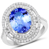 14K White Gold 4.08 Carat Genuine Tanzanite and White Diamond Ring