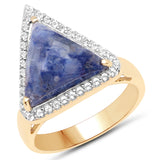 18K Yellow Gold Plated 9.57 Carat Genuine Blue Aventurine and White Topaz .925 Sterling Silver Ring
