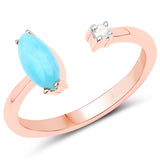 14K Rose Gold Plated 0.43 Carat Genuine Larimar and White Diamond .925 Sterling Silver Ring