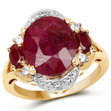 14K Yellow Gold Plated 7.11 Carat Dyed Ruby, Genuine Ruby and White Topaz .925 Sterling Silver Ring