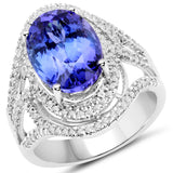 14K White Gold 7.05 Carat Genuine Tanzanite and White Diamond Ring