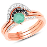 18K Rose Gold Plated 0.63 Carat Genuine Emerald Black Spinel & White Topaz .925 Sterling Silver Ring