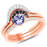 18K Rose Gold Plate 0.67 Carat Genuine Tanzanite Black Spinel & White Topaz .925 Silver Ring