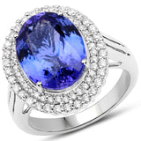 14K White Gold 7.74 Carat Genuine Tanzanite and White Diamond Ring