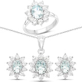 5.82 Carat Genuine Aquamarine White Topaz .925 Silver 3 Pc Jewelry Set Ring Earring Pendant Chain