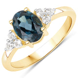 18K Yellow Gold Plated 1.69 Carat Genuine London Blue Topaz & White Topaz .925 Sterling Silver Ring