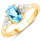 18K Yellow Gold Plated 1.84 Carat Genuine Swiss Blue Topaz and White Topaz .925 Sterling Silver Ring