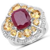 7.82 Carat Genuine Ruby, Citrine and White Diamond .925 Sterling Silver Ring