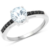 1.31 Carat Genuine Aquamarine and Black Spinel .925 Sterling Silver Ring
