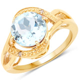 14K Yellow Gold Plated 3.26 Carat Genuine Blue Topaz and White Diamond .925 Sterling Silver Ring