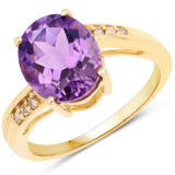 14K Yellow Gold Plated 3.23 Carat Genuine Amethyst and White Diamond .925 Sterling Silver Ring