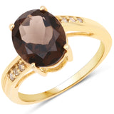 14K Yellow Gold Plated 3.02 Carat Genuine Smoky Quartz and White Diamond .925 Sterling Silver Ring