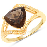 14K Yellow Gold Plated 2.22 Carat Genuine Smoky Quartz and White Diamond .925 Sterling Silver Ring