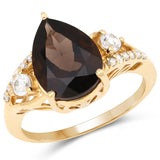 14K Yellow Gold Plated 3.23 Carat Genuine Smoky Quartz and White Topaz .925 Sterling Silver Ring
