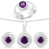 2.78 Carat Genuine Amethyst & White Topaz .925 Silver 3 Pc Jewelry Set Ring Earring & Pendant Chain