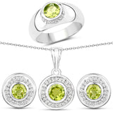 3.08 Carat Genuine Peridot & White Topaz .925 Silver 3 Pc Jewelry Set (Ring Earring & Pendant Chain)