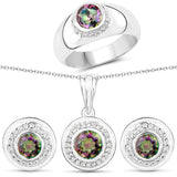 3.96 Carat Genuine Rainbow Quartz White Topaz 925 Silver 3 Pc Jewelry Set Ring Earring Pendant Chain