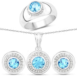 3.66 Carat Genuine Swiss Blue White Topaz .925 Silver 3 Pc Jewelry Set Ring Earring & Pendant Chain