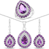 9.44 Carat Genuine Amethyst & White Topaz .925 Silver 3 Pc Jewelry Set Ring Earring & Pendant Chain