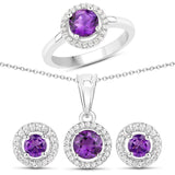 2.58 Carat Genuine Amethyst & White Topaz .925 Silver 3 Pc Jewelry Set Ring Earring & Pendant Chain