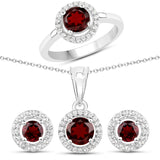 3.24 Carat Genuine Garnet & White Topaz .925 Silver 3 Pc Jewelry Set (Ring Earring & Pendant Chain)