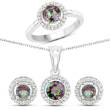 3.44 Carat Genuine Rainbow Quartz White Topaz 925 Silver 3 Pc Jewelry Set Ring Earring Pendant Chain