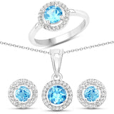 3.28 Carat Genuine Swiss Blue White Topaz .925 Silver 3 Pc Jewelry Set Ring Earring & Pendant Chain