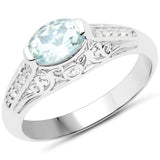 0.77 Carat Genuine Aquamarine and White Zircon .925 Sterling Silver Ring