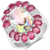8.16 Carat Genuine White Rainbow Quartz, Ruby and White Topaz .925 Sterling Silver Ring