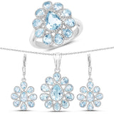 9.74 Carat Genuine Blue Topaz .925 Silver 3 Piece Jewelry Set (Ring Earring & Pendant w/ Chain)