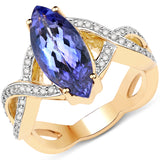 14K Yellow Gold 3.38 Carat Genuine Tanzanite and White Diamond Ring