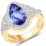 14K Yellow Gold 3.25 Carat Genuine Tanzanite and White Diamond Ring