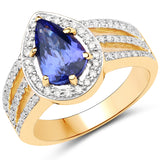 14K Yellow Gold 2.35 Carat Genuine Tanzanite and White Diamond Ring