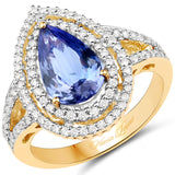 14K Yellow Gold 2.66 Carat Genuine Tanzanite and White Diamond Ring