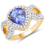 14K Yellow Gold 3.98 Carat Genuine Tanzanite and White Diamond Ring