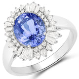 14K White Gold 3.09 Carat Genuine Tanzanite and White Diamond Ring